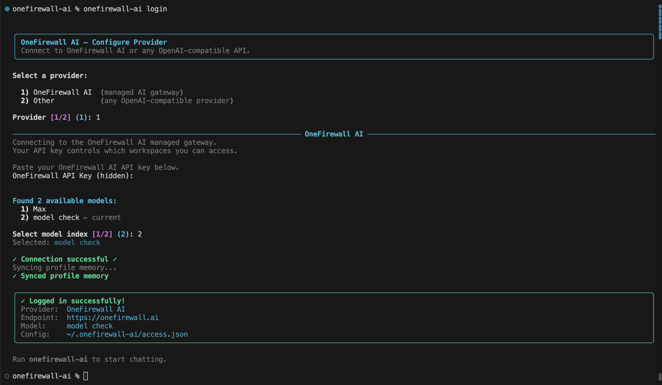 OneFirewall CLI login and connect