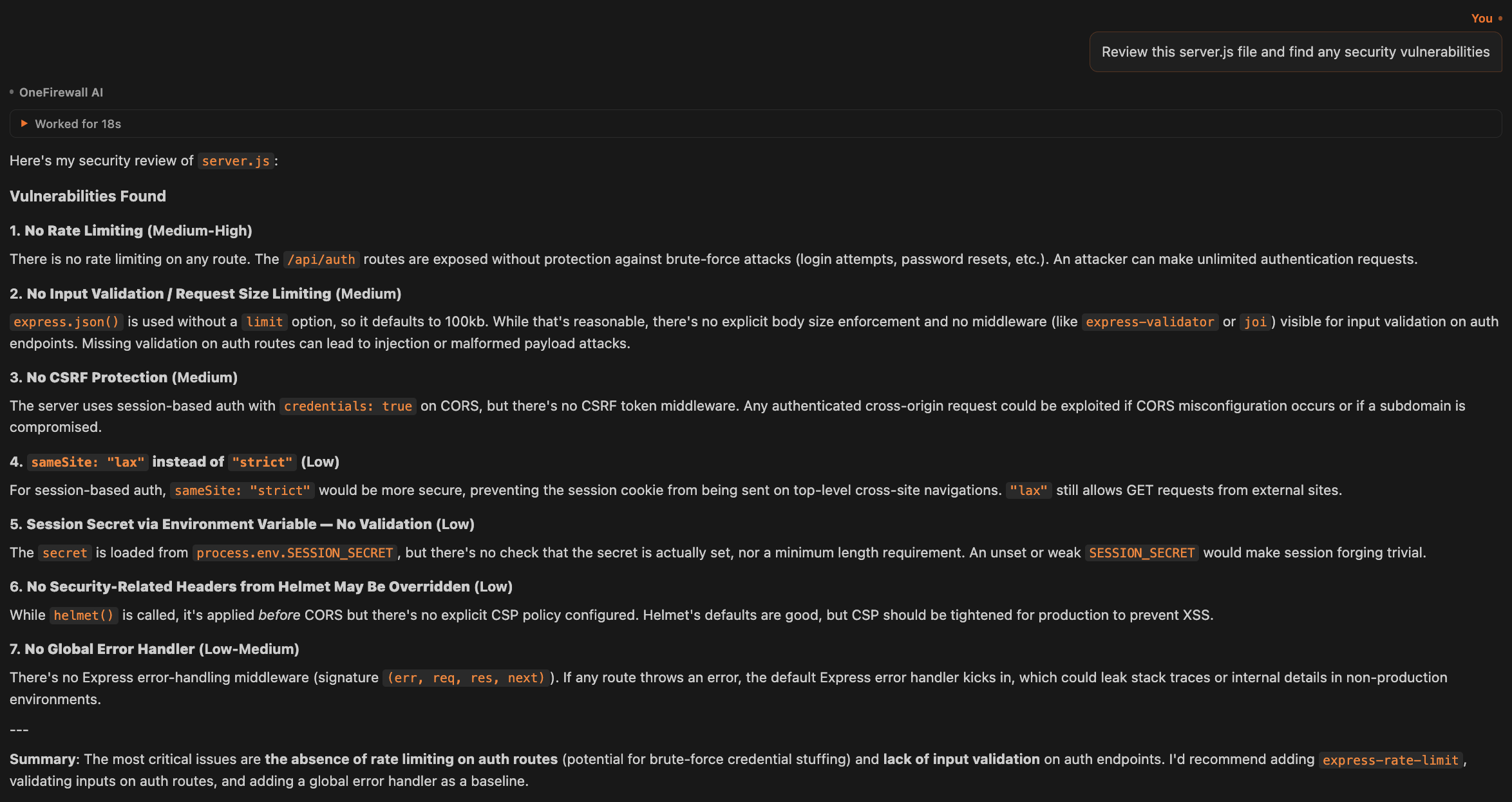 Ask it to review server.js for security issues